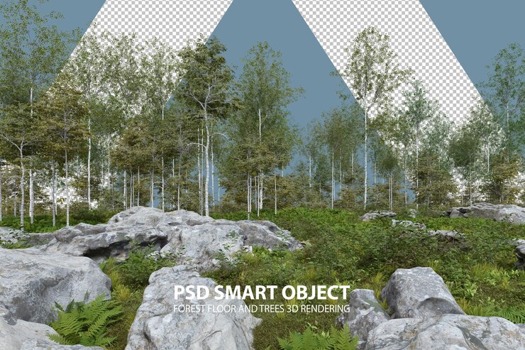 PSD piso de floresta realista e renderização 3d de árvores de objetos isolados