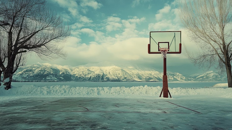 PSD pista de baloncesto nevada con montañas en el fondo