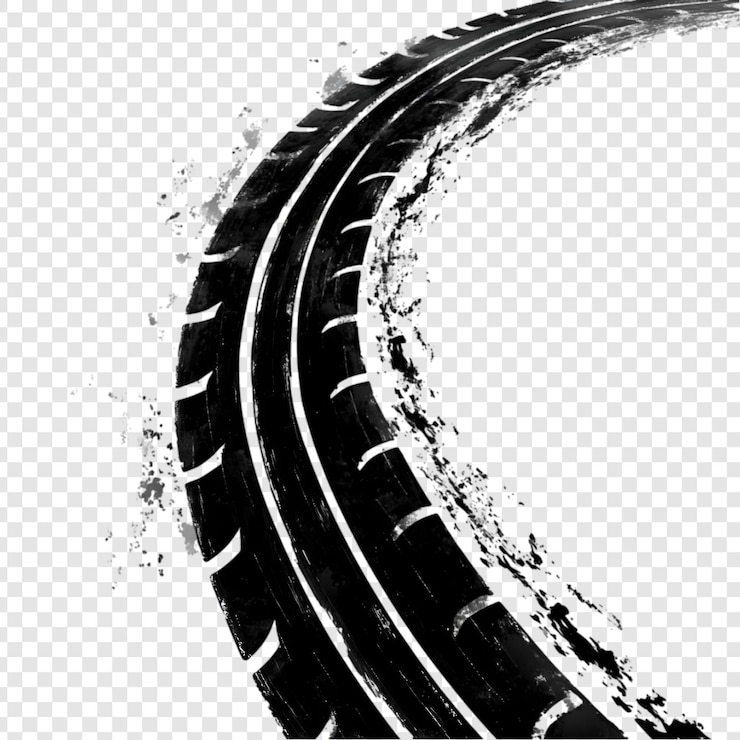 PSD pista de pneu curva com salpicaduras de lama isoladas sobre um fundo transparente