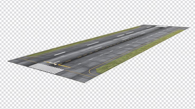 PSD pista de pouso do aeroporto avião grama asfalto linhas de táxi marcações vista em perspectiva da aeronave