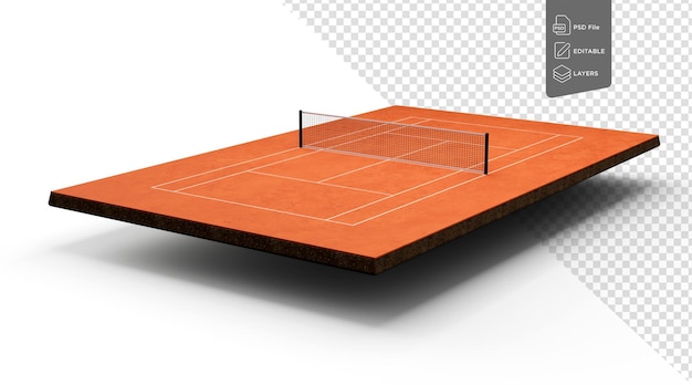 PSD pista de tenis de arcilla vista lateral del campo pista de tennis de la red aislada en fondo blanco ilustración en 3d