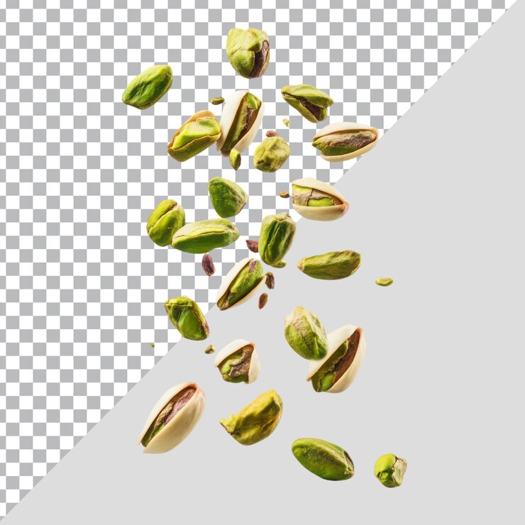 PSD pistachos flotantes con cáscara y núcleo aislados sobre un fondo transparente