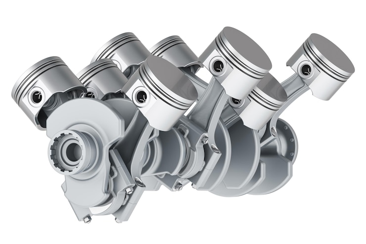 PSD pistões do motor v8 na renderização 3d do virabrequim isolados em fundo transparente