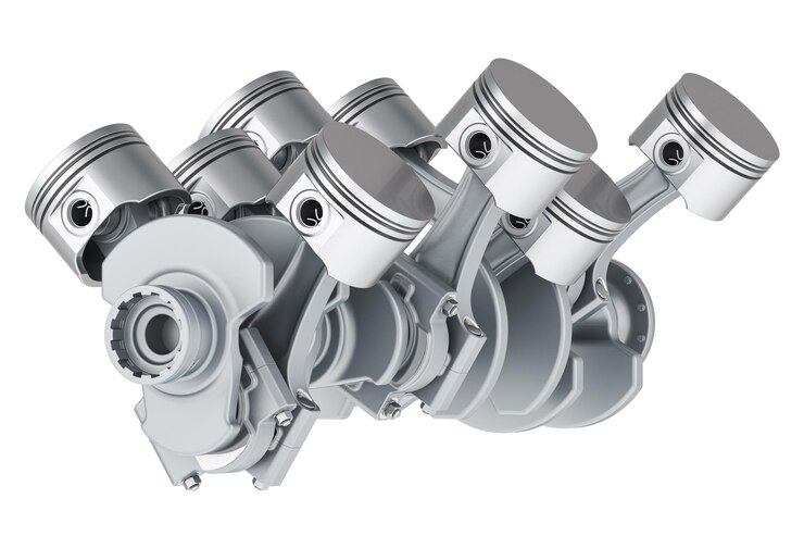 PSD pistões do motor v8 na renderização 3d do virabrequim isolados em fundo transparente