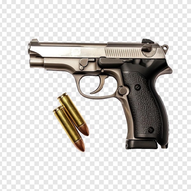 PSD pistola de 9 mm nueva pistola semiautomática y bala aislada en fondo transparente psd