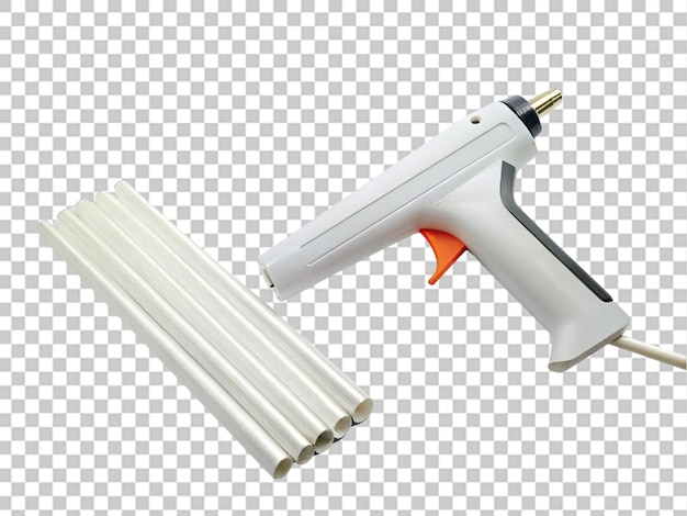 PSD pistolet à colle avec corps en plastique blanc et colle argentée sur fond transparent