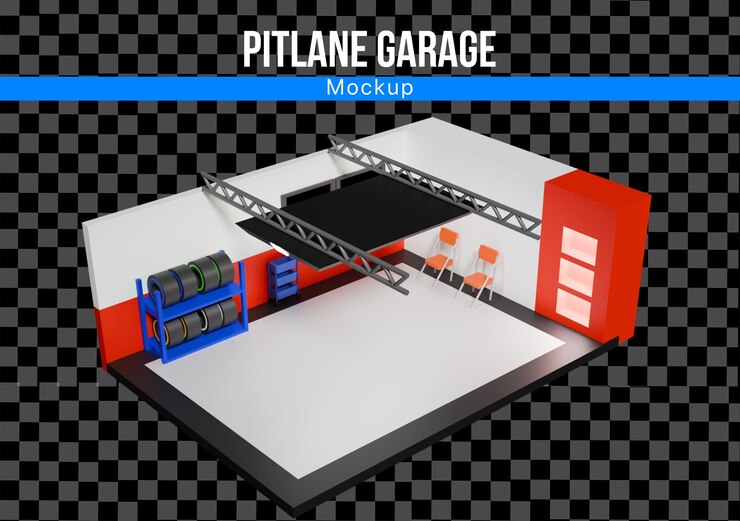PSD pitlane de garaje de coches de carreras en 3d con maqueta de neumáticos y asientos