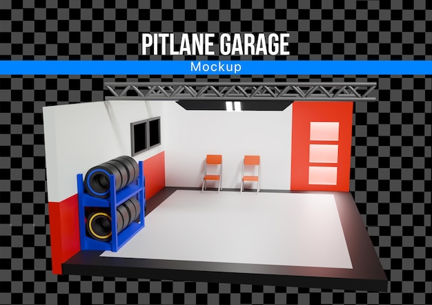 Pitlane de garaje de coches de carreras en 3D con maqueta de neumáticos y asientos