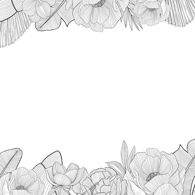 Pittura digitale a cornice quadrata con illustrazione di fiori di papavero in stile line art