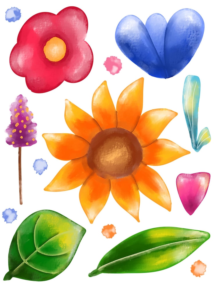 PSD pittura in gouache ad acquerello di girasole e foglie verdi elemento clip art della collezione
