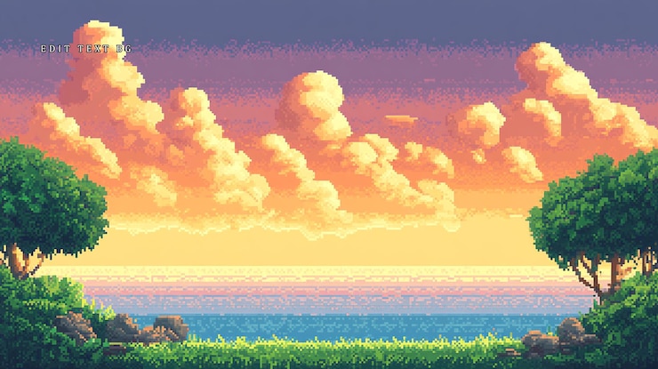 PSD pixel art pôr-do-sol sobre o oceano calmo com vegetação verde exuberante