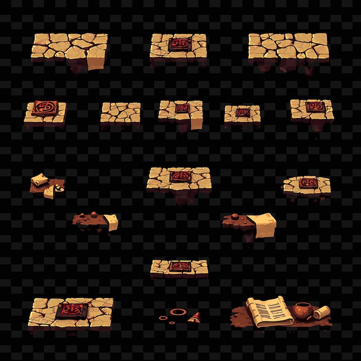 PSD pixel azulejos cerâmica fragmentos símbolos antigos pergaminhos cracked azulejos com intrincado patte assetr jogo