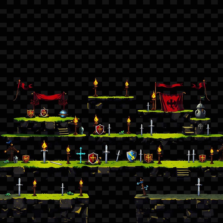 PSD pixel banners torches shields swords banners wave in the breeze torches flicker with game assetl (pixeles banderas antorchas escudos espadas banderas ondulan en la brisa las antorchas parpadean con los activos del juego)