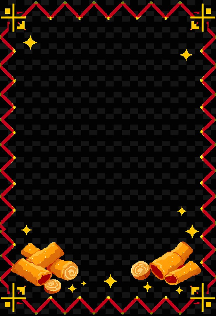 PSD pixel bright zigzag border frame crispy spring rolls y dumplings fritos png estilo de marco chino