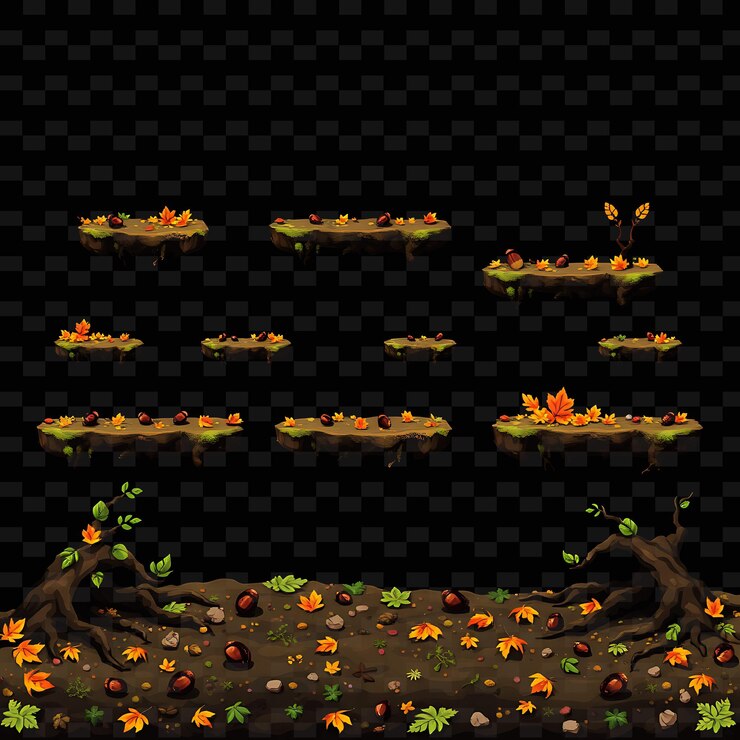 PSD pixel cadute foglie radici di alberi ciottoli ghiande pixel terreno coperto in asset di gioco fallen l