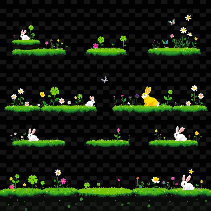 PSD pixel clover flores silvestres conejos mariposas exuberantes pixel clover campos salpicados con wil juego activo