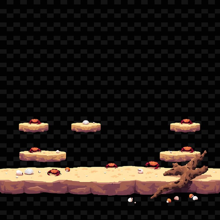 PSD pixel conchas marinas de arena cangrejos de madera a la deriva pixel suelo con arena suave debajo de los pies conchas marines activos del juego