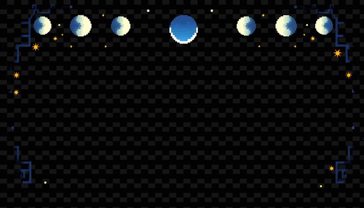 PSD pixel dark blue night sky frame fases lunares brilhando suavemente ao longo do estilo de quadro chinês para png