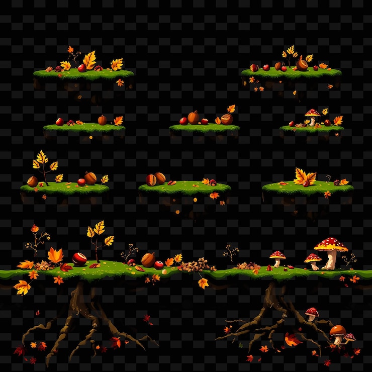 PSD pixel foglie ghiande radici di alberi funghi foglie cadute con sfumature autunnali ghiande scatte game assetr