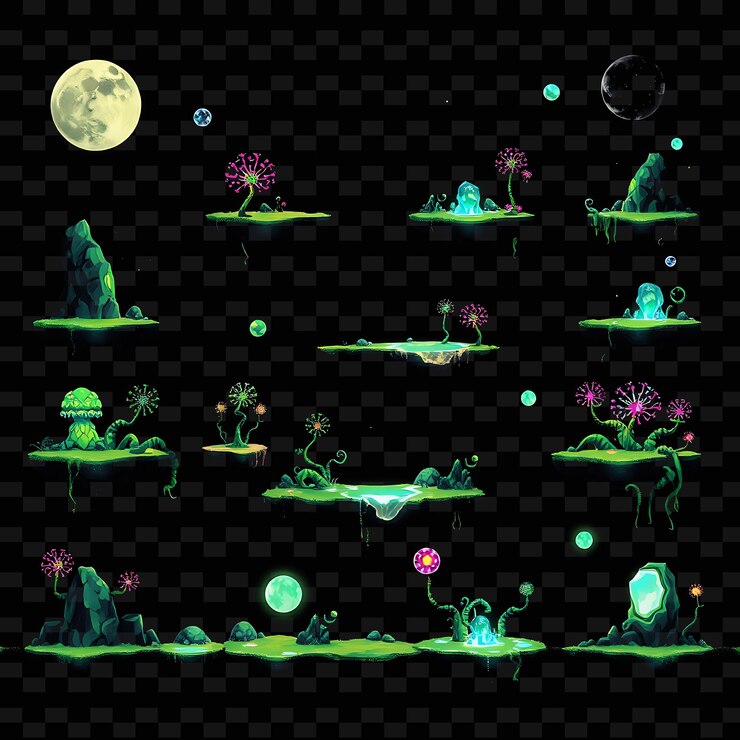 PSD pixel glowstone plantas bioluminescentes vinas alienígenas orbes flotantes glowstone con un activo de juego suave