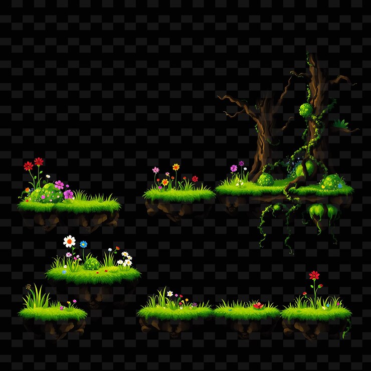 PSD pixel grass flowers trees vines la hierba exuberante se balancea suavemente las flores coloridas florecen t activo del juego