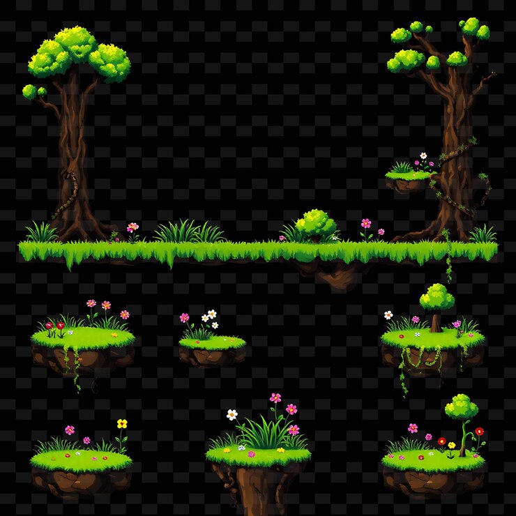 PSD pixel grass flowers trees vines lush grass swaying gently colorful flowers blooming t asseta del gioco
