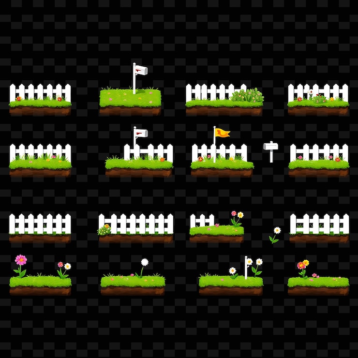 PSD pixel grass white picket fences cajas de correo flores en flor grass verde con el activo del juego pixelado