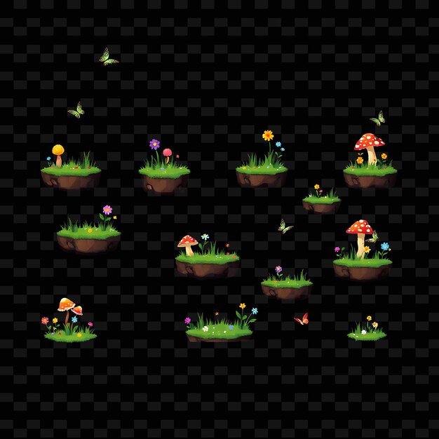 Pixel hierba flores setas mariposas hierba suave con un gradiente natural colorido activo de juego
