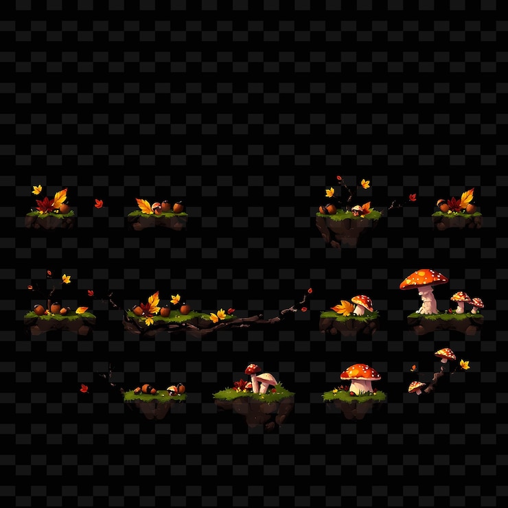 PSD pixel hojas bellotas ramas setas hojas caídas en los colores de otoño bellotas esparcidas juego activo