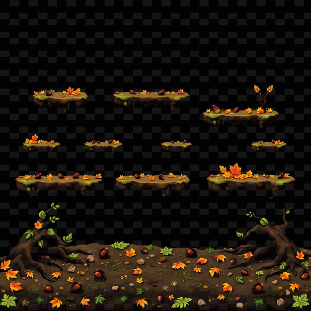 Pixel hojas caídas raíces de árboles guijarros bellotas de tierra Pixel suelo cubierto en el activo de juego L caído