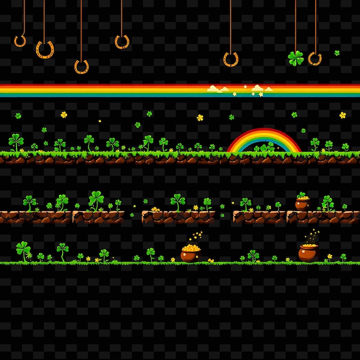 PSD pixel horseshoes quatro folhas de trevo arco-íris potes de ferraduras de ouro pendurados acima de quatro l ativo do jogo