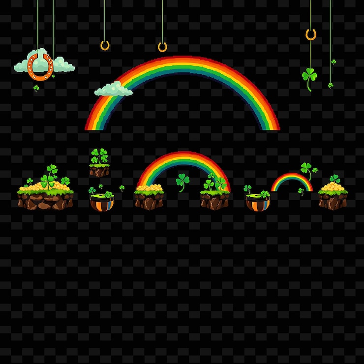 PSD pixel horseshoes quatro folhas de trevo arco-íris potes de ferraduras de ouro pendurados acima de quatro l ativo do jogo