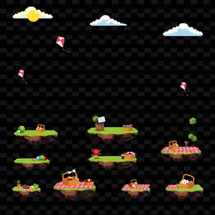 PSD pixel kites picnic basket checkered blankets sunny sky kites flying high picnic bask asset del gioco