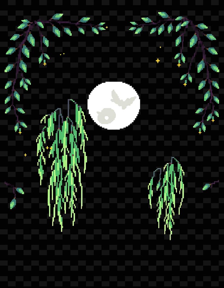 PSD pixel moonlit willow border frame ramas de sauce llorando se balancean a lo largo del estilo de marco chino de png