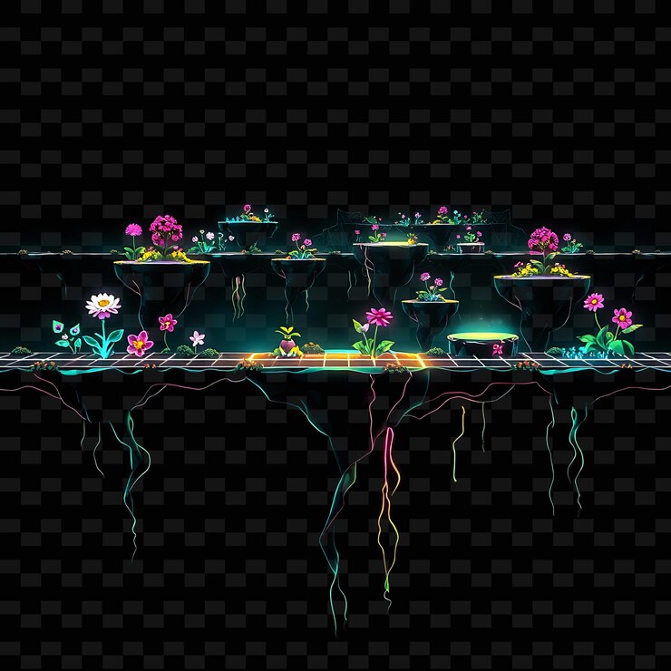 PSD pixel neon grids flores digitales raíces metálicas pixel streams el suelo es rastreado por neo game assetn