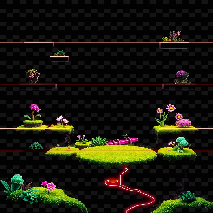 PSD pixel neon rails tech holograma de follaje flores de musgo bioluminescente el suelo tiene neon ra