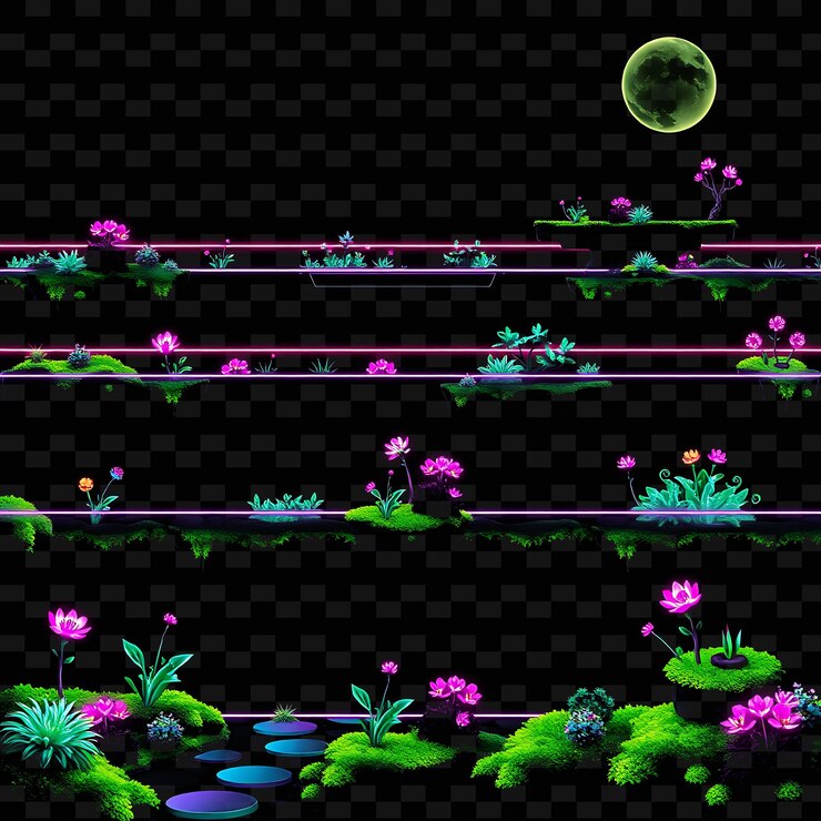 PSD pixel neon rails tech holograma de follaje flores de musgo bioluminescente el suelo tiene neon ra