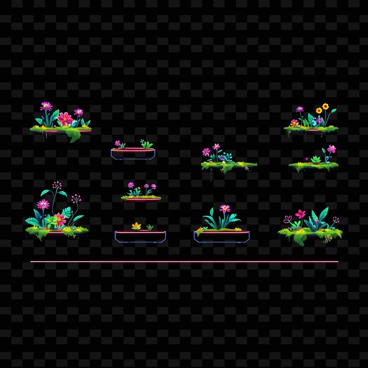 PSD pixel neon rails tech holograma de follaje flores de musgo bioluminescente el suelo tiene neon ra