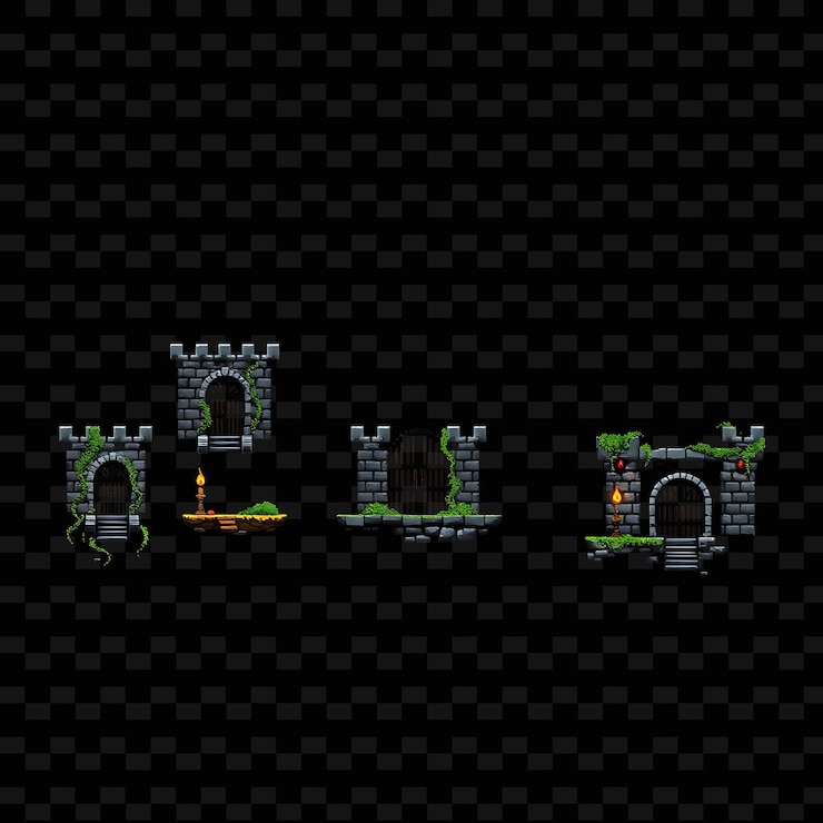 PSD pixel paredes de pedra portas de ferro vinhas tochas paredes de pedra com esculturas intrincadas ferro g game asseta