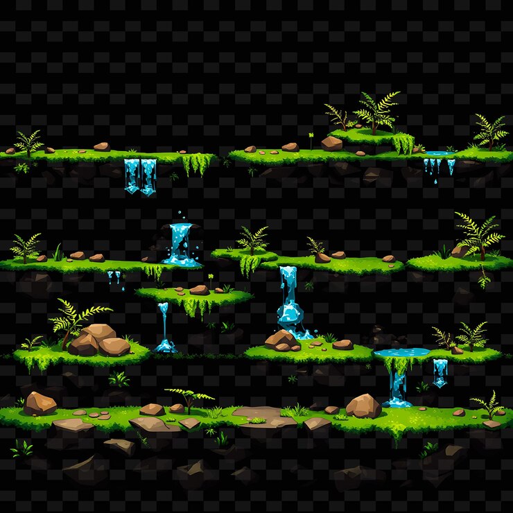 PSD pixel pebbles moss ferns cascadas suaves piedras que forman caminos moss suave que cubre el activo del juego