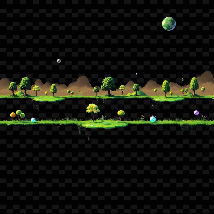 PSD pixel pulsing earth laser trees pixel grass orbes flotantes el suelo está hecho de pulsing e