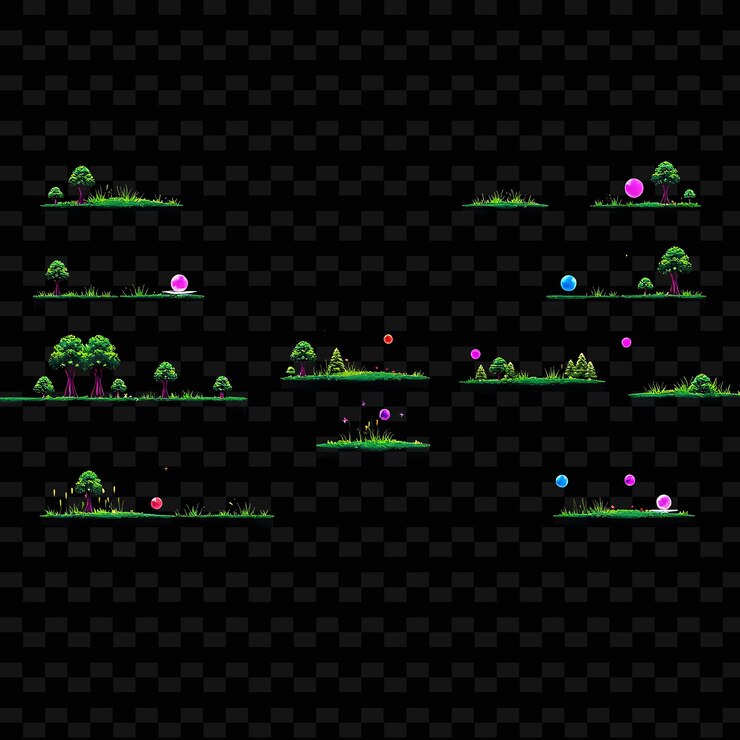 PSD pixel pulsing earth laser trees pixel grass orbes flotantes el suelo está hecho de pulsing e
