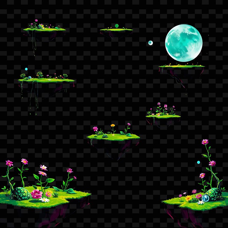 PSD pixel pulsing earth laser vines flores digitales orbes flotantes el suelo está hecho de pulsi