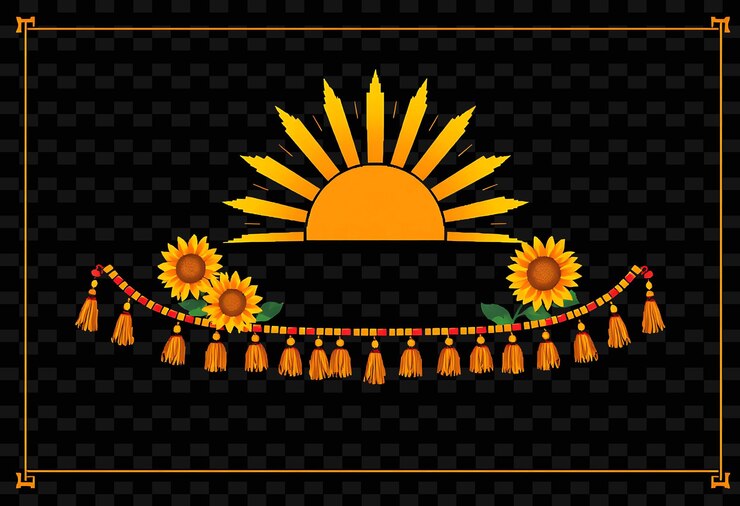 PSD pixel rising sun frame de borde girasoles amarillos y rayos dorados estirado png marco chino stylea