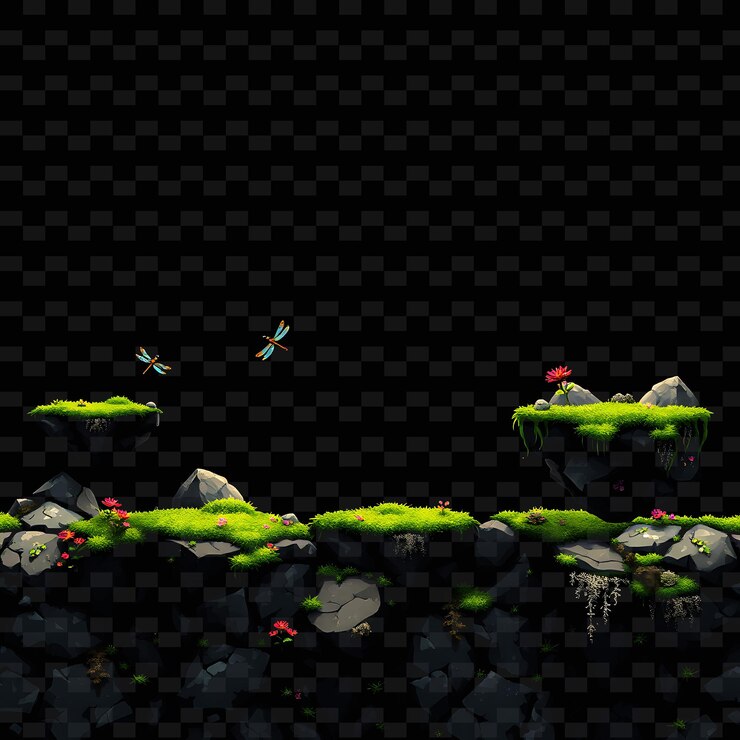 PSD pixel rocks moss dragonflies lichen pixel ground con rocas ásperas vibrant moss dragon juego de activos