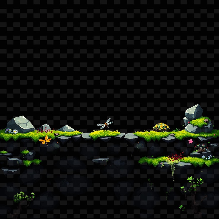 PSD pixel rocks moss dragonflies lichen pixel ground con rocas ásperas vibrant moss dragon juego de activos
