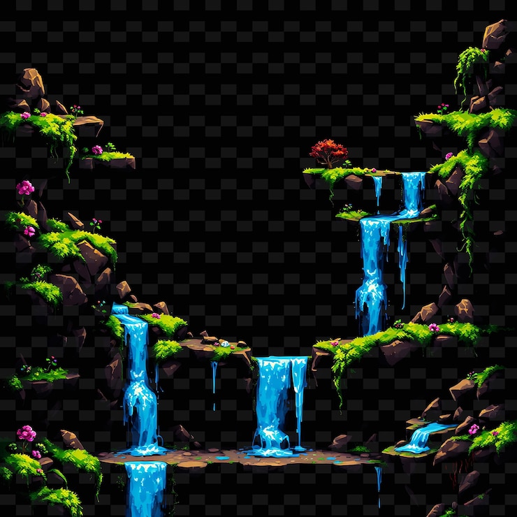 PSD pixel rocks moss vines cascadas rocas dentadas que forman caminos musgo vibrante que se aferra al activo del juego