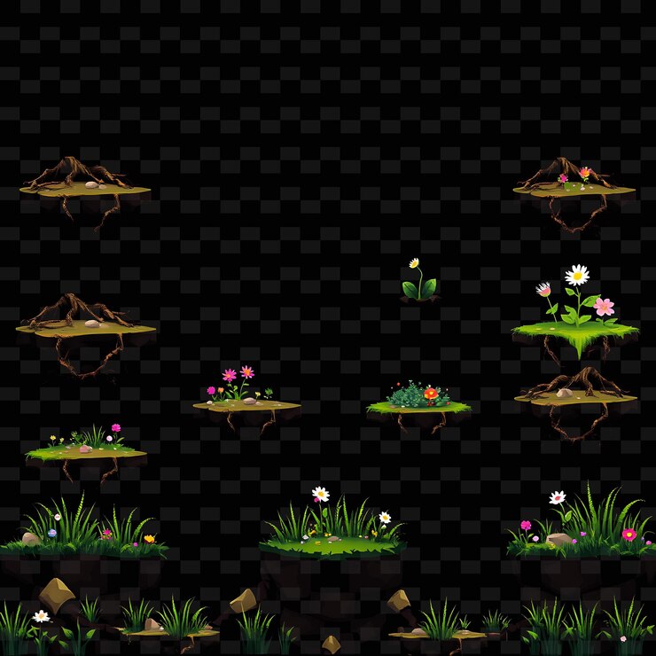 PSD pixel roots pebbles flowers grass twisted roots scattered pebbles con un asset naturale del gioco shin