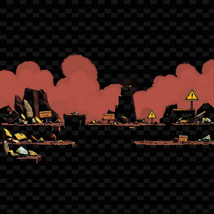 PSD pixel rubble broken glass metal beams warning signs rubble from collapsed buildings b game assetr