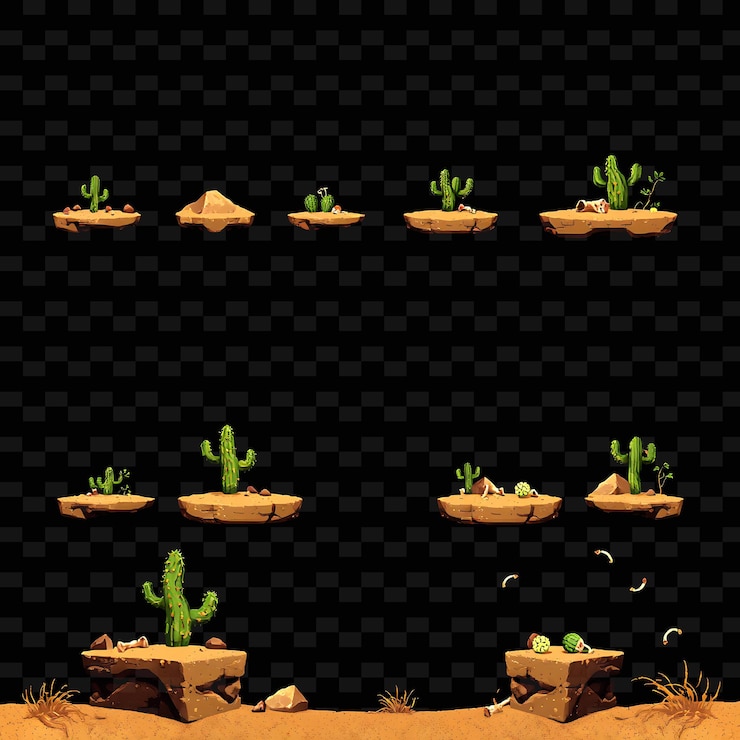 PSD pixel sand cacti bones tumbleweeds arena granulada con sombreado sutil cacti espinosos en el activo del juego v